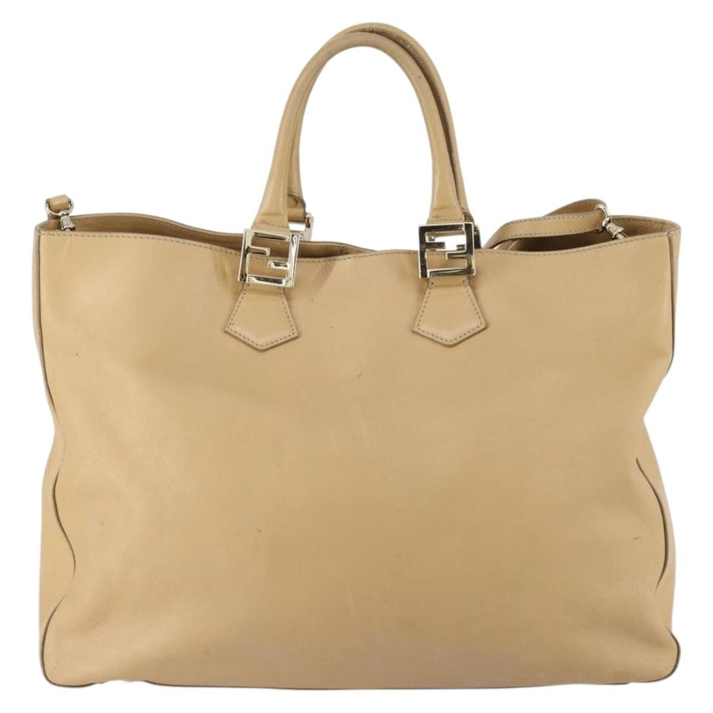 Fendi Twins Tote Leather Beige Leather Tote Bag Bag (Pre-Owned)