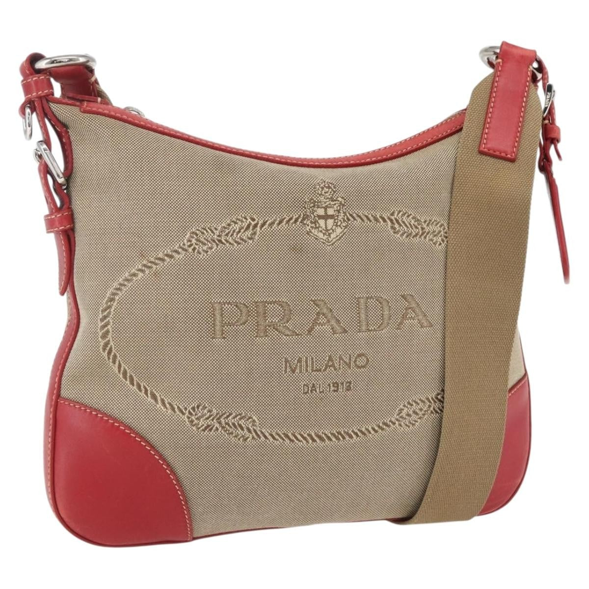 Prada Logo Zip Crossbody Bag Canvas Beige Canvas Shoulder Bag Bag (Pre-Owned)