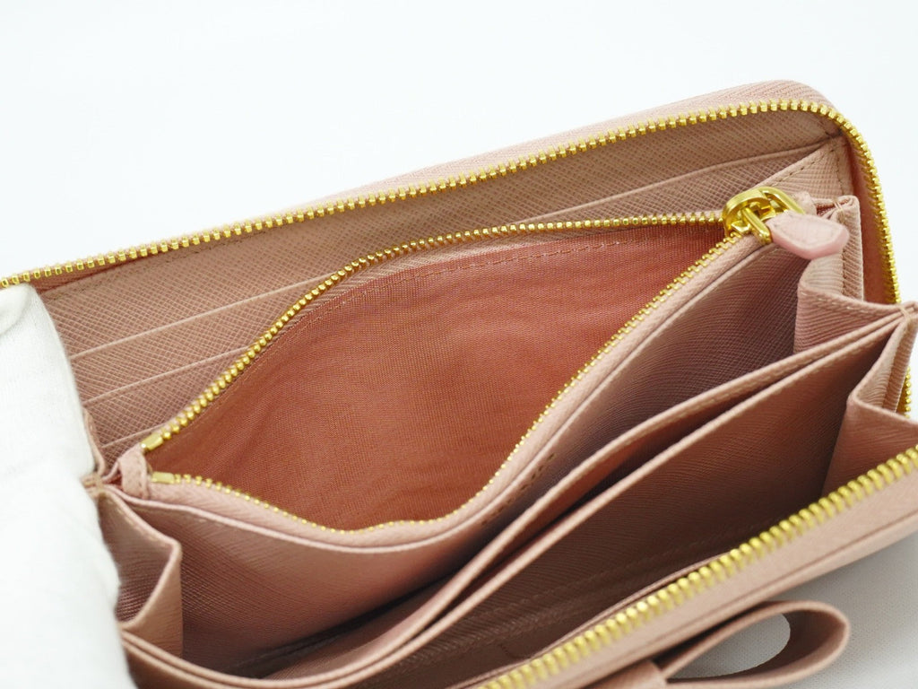 Prada Bow Zip Around Wallet Saffiano Leather Pink Leather Wallets Accessory (Pre-Owned)