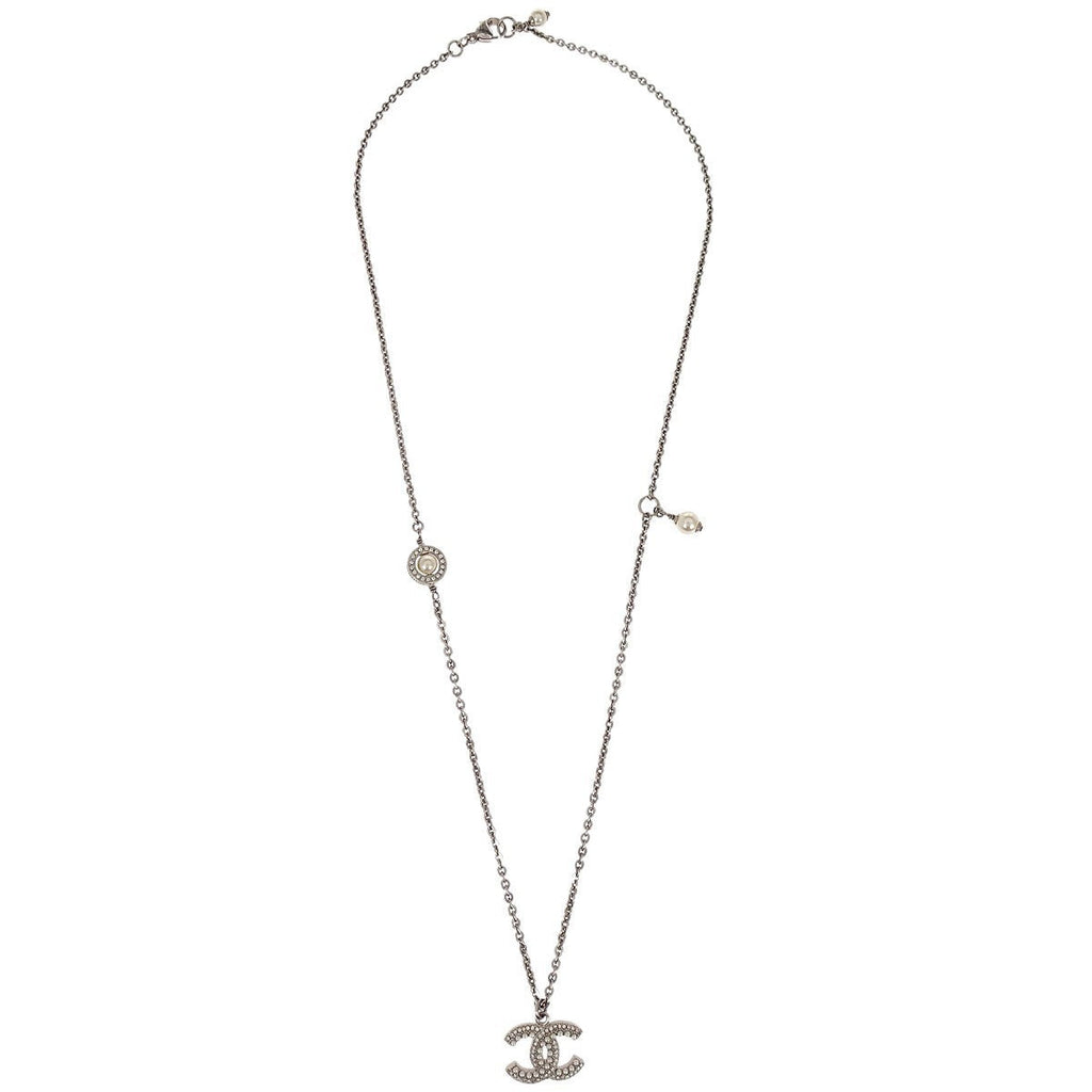 Chanel Cc Chain Necklace Metal With Faux Pearls Silver Mesh Necklace Jewelry (Pre-Owned)
