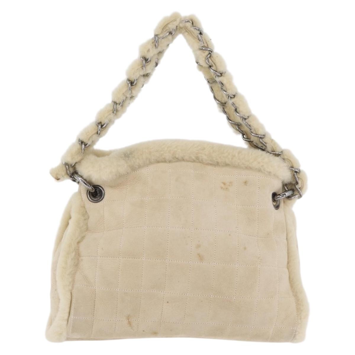 Chanel Vintage Embroidered Cc Chain Tote Quilted Suede And Shearling Silver Canvas Tote Bag Bag (Pre-Owned)