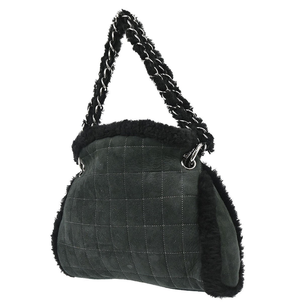 Chanel Vintage Embroidered Cc Chain Tote Quilted Suede And Shearling Black Suede Tote Bag Bag (Pre-Owned)