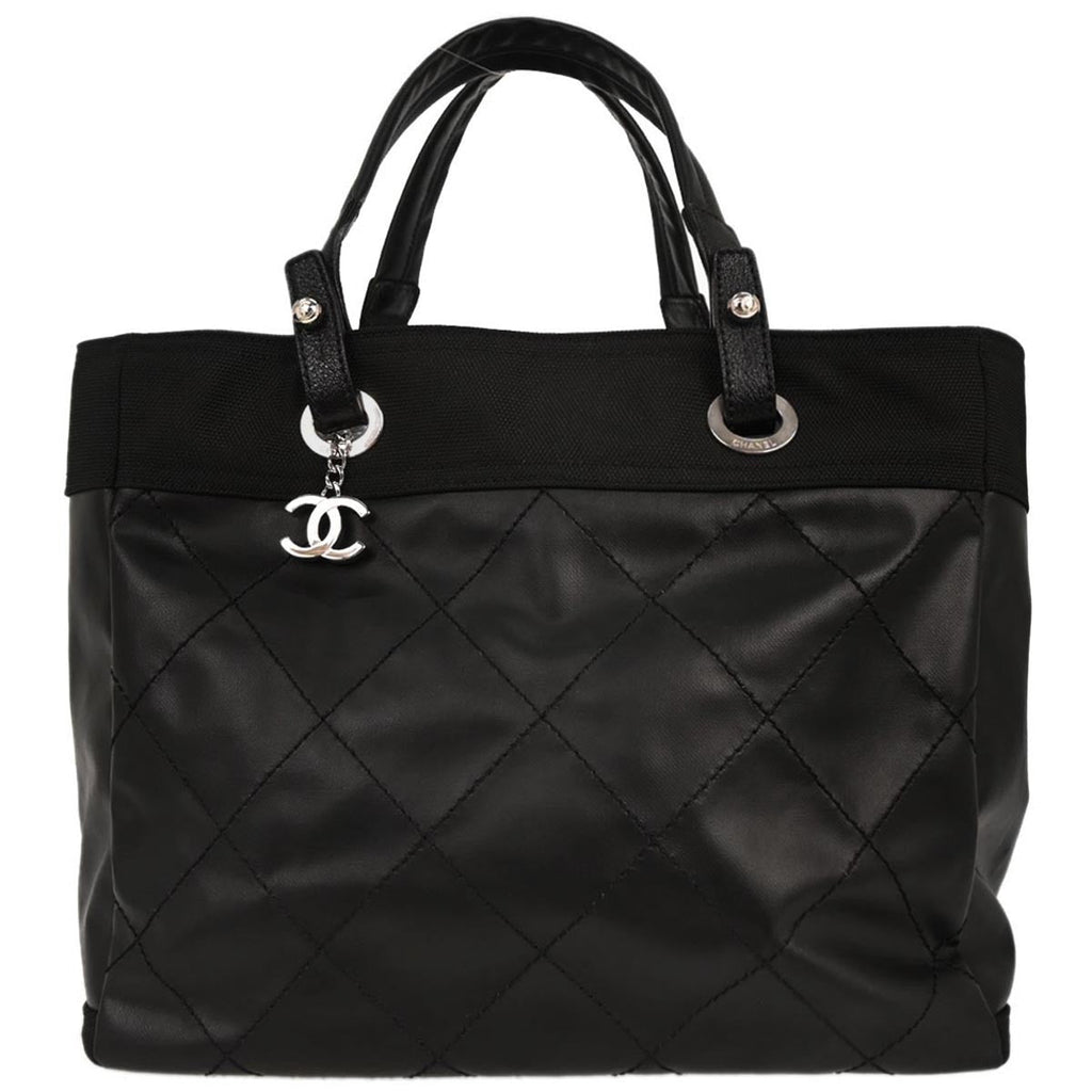Chanel Biarritz Tote Quilted Coated Canvas Black Leather Tote Bag Bag (Pre-Owned)