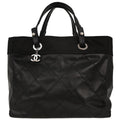 Chanel Biarritz Tote Quilted Coated Canvas Black Leather Tote Bag Bag (Pre-Owned)