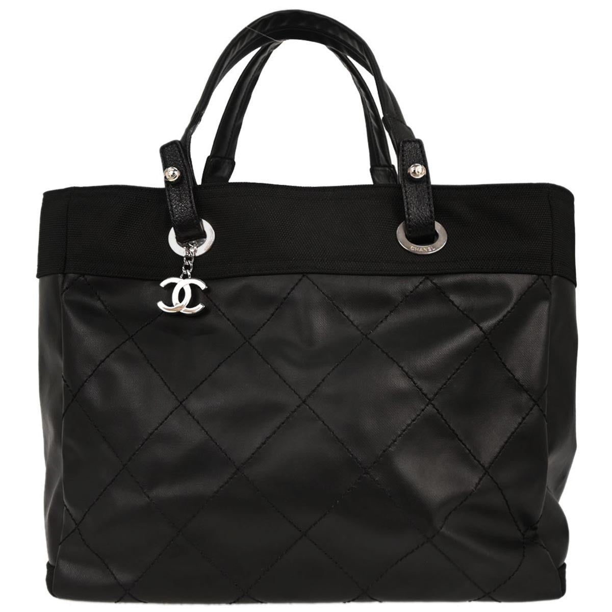 Chanel Biarritz Tote Quilted Coated Canvas Black Leather Tote Bag Bag (Pre-Owned)