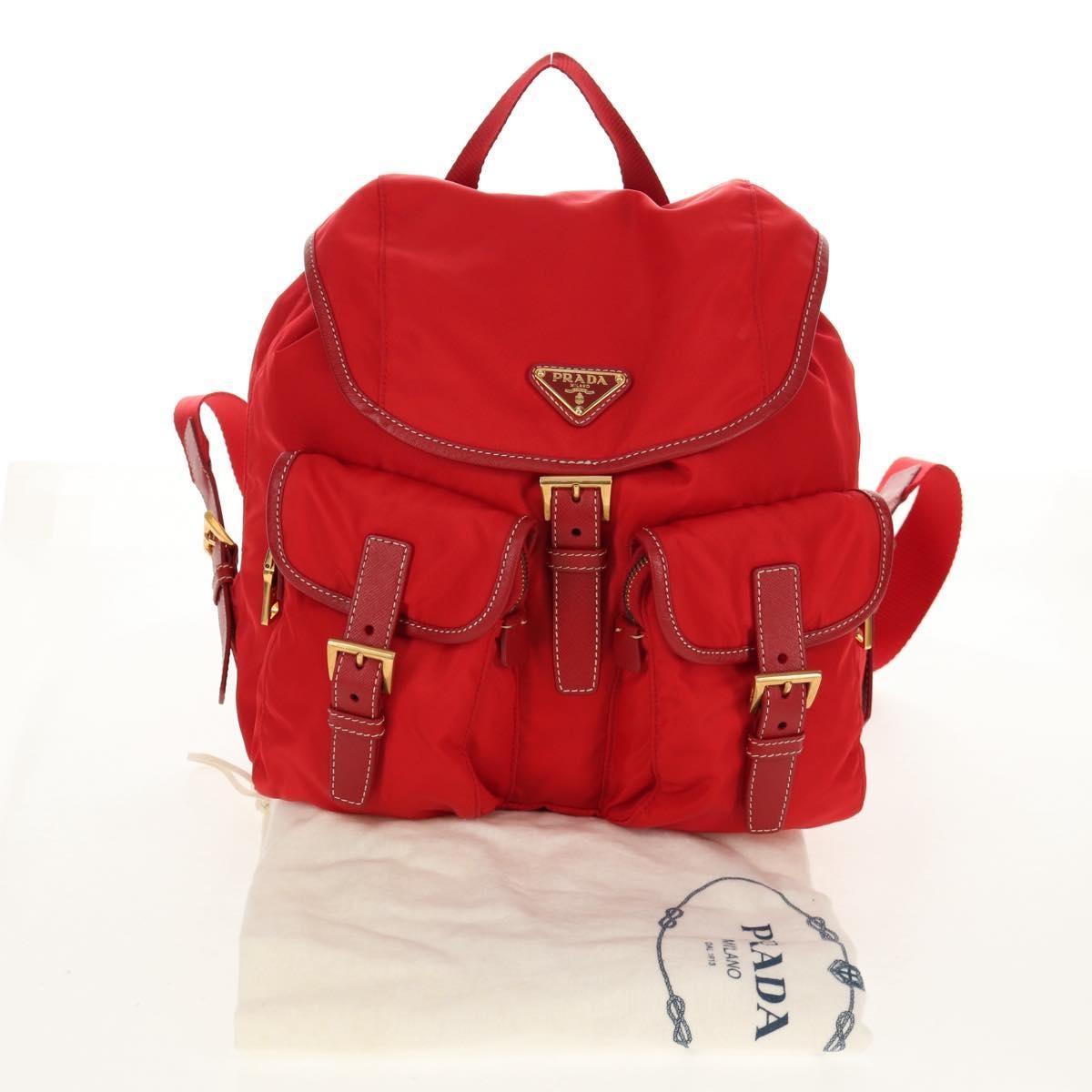 Prada Vela Double Front Pocket Backpack Tessuto With Saffiano Leather Red Nylon Backpack Bag (Pre-Owned)