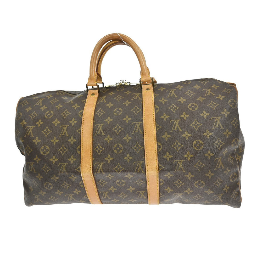 Louis Vuitton Keepall Bag Monogram Canvas Brown Leather Travel Bag Bag (Pre-Owned)