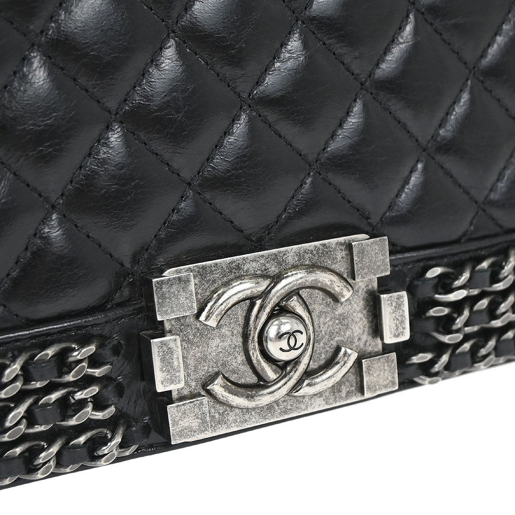 Chanel Boy Flap Bag Quilted Glazed Calfskin Black Leather Handbag (Pre-Owned)