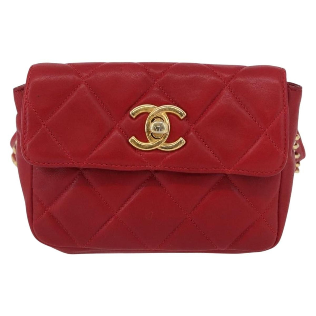 Chanel Vintage Cc Flap Waist Bag Quilted Lambskin Red Leather Clutche & Pouche Bag (Pre-Owned)