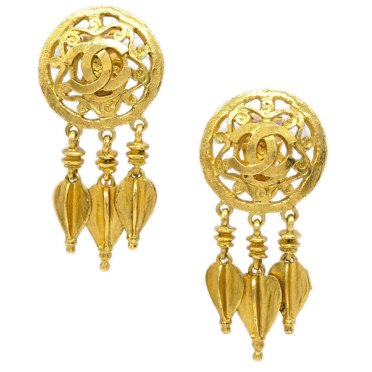 Chanel Vintage Cc Round Drop Clip-On Earrings Metal Gold Gold_Plated Earrings Jewelry (Pre-Owned)