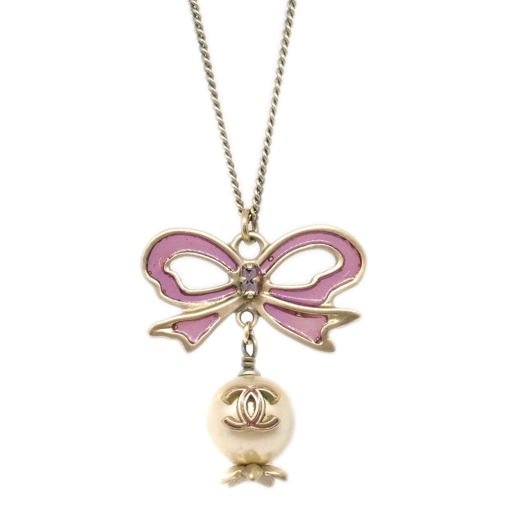 Chanel Cc Bow Necklace Gold-Plated With Artificial Pearl Gold Gold_Plated Necklace Jewelry (Pre-Owned)