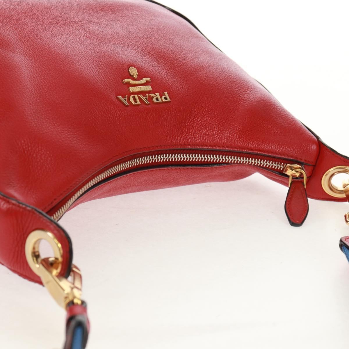 Prada Striped Strap Zip Hobo Vitello Daino Red Leather Shoulder Bag Bag (Pre-Owned)