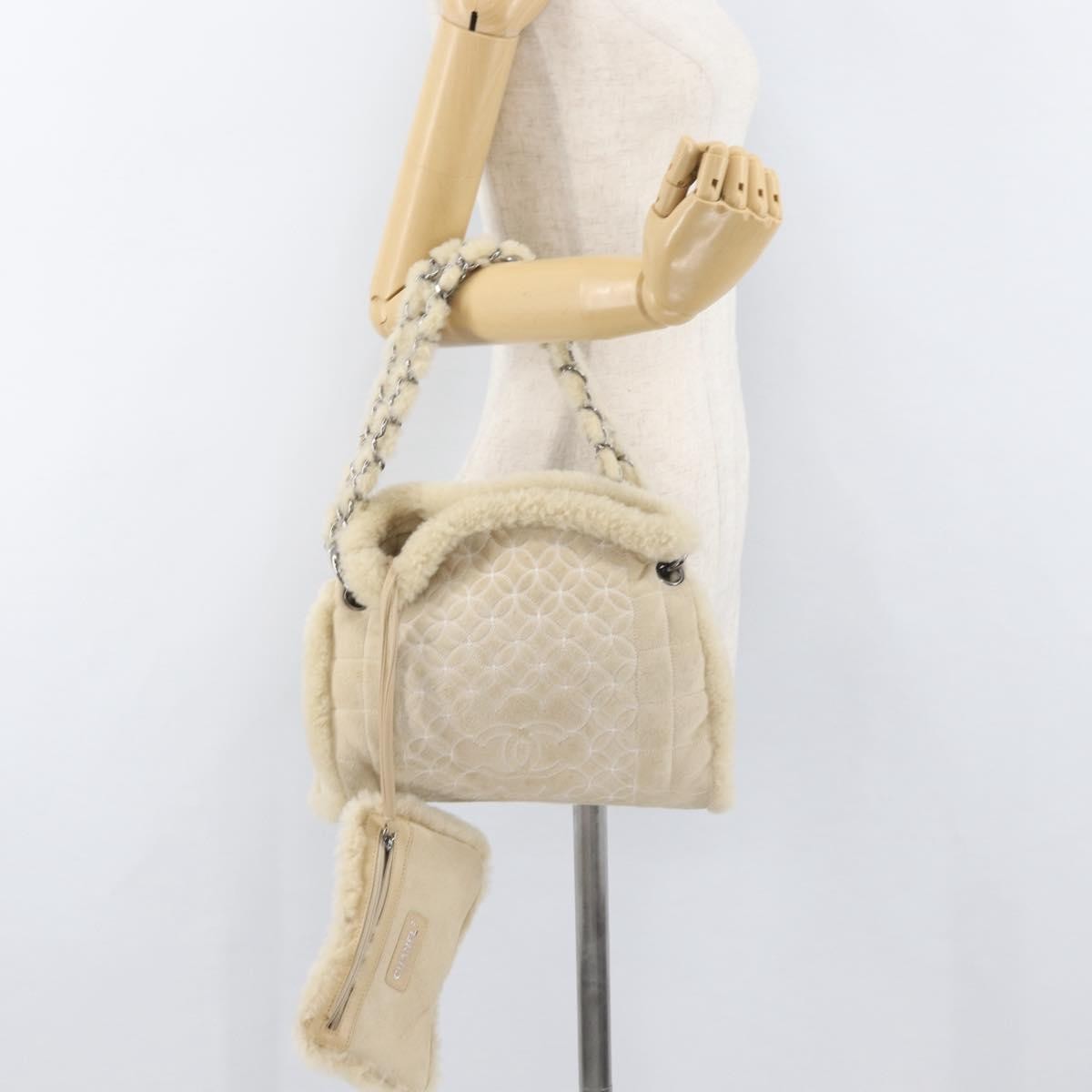 Chanel Vintage Embroidered Cc Chain Tote Quilted Suede And Shearling Silver Canvas Tote Bag Bag (Pre-Owned)