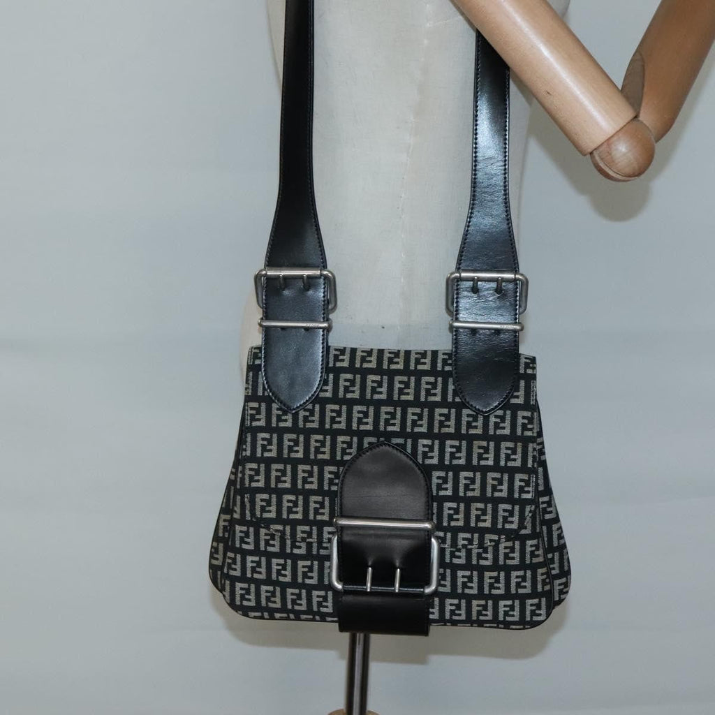 Fendi Buckle Flap Shoulder Bag Zucchino Canvas Black Canvas Shoulder Bag Bag (Pre-Owned)