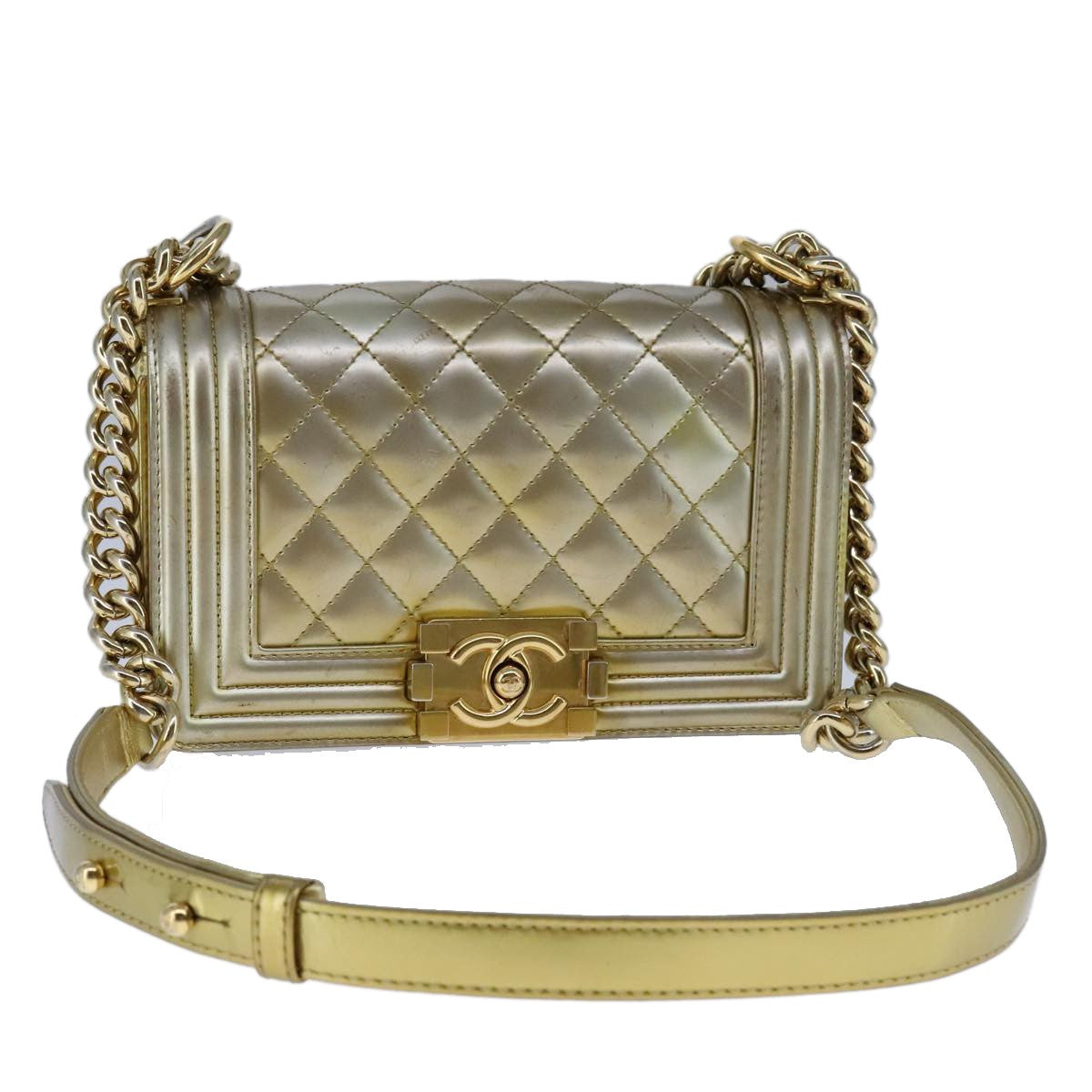 Chanel Boy Flap Bag Quilted Patent Gold Patent_Leather Shoulder Bag Bag (Pre-Owned)