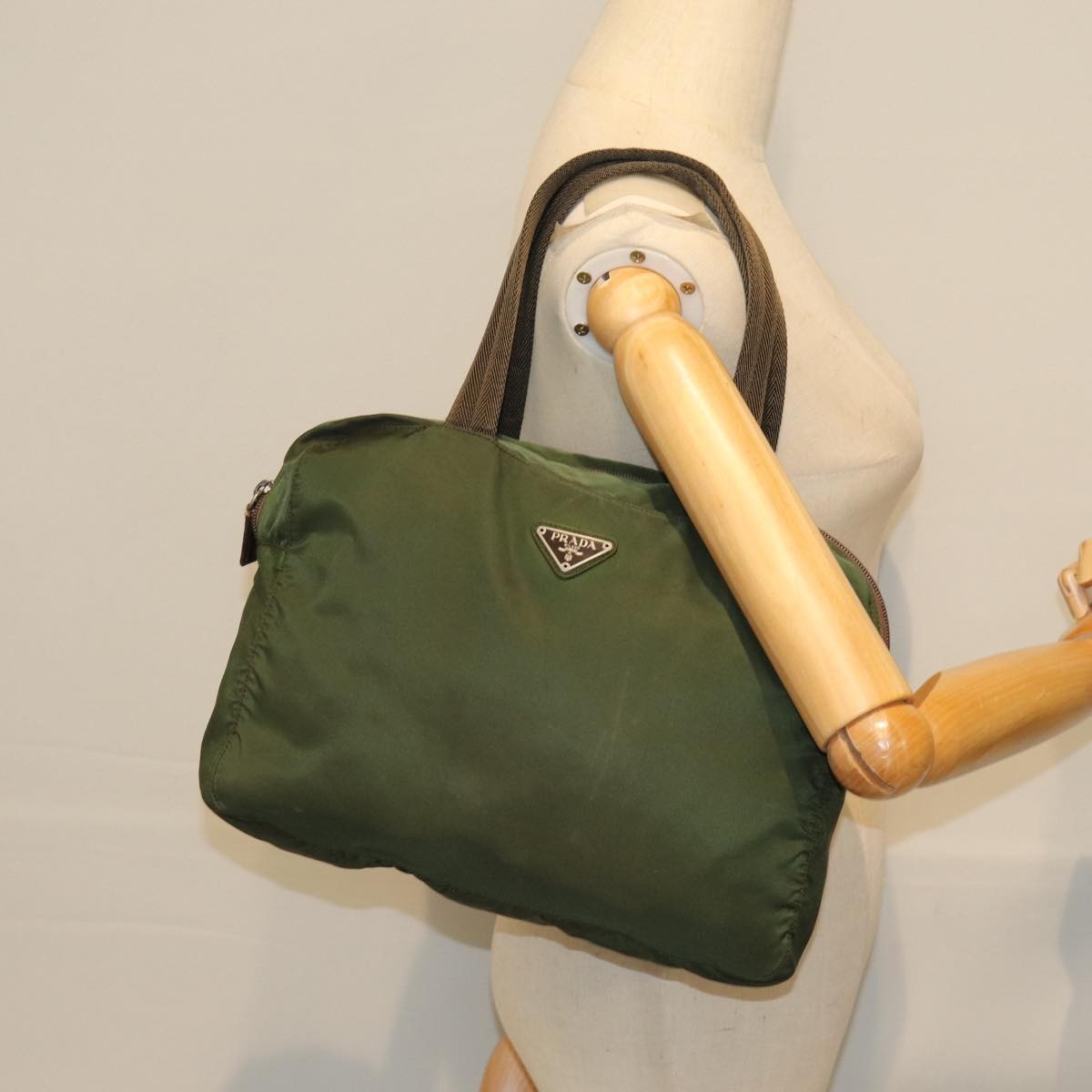 Prada Bowling Shoulder Bag Tessuto Khaki Nylon Handbag (Pre-Owned)