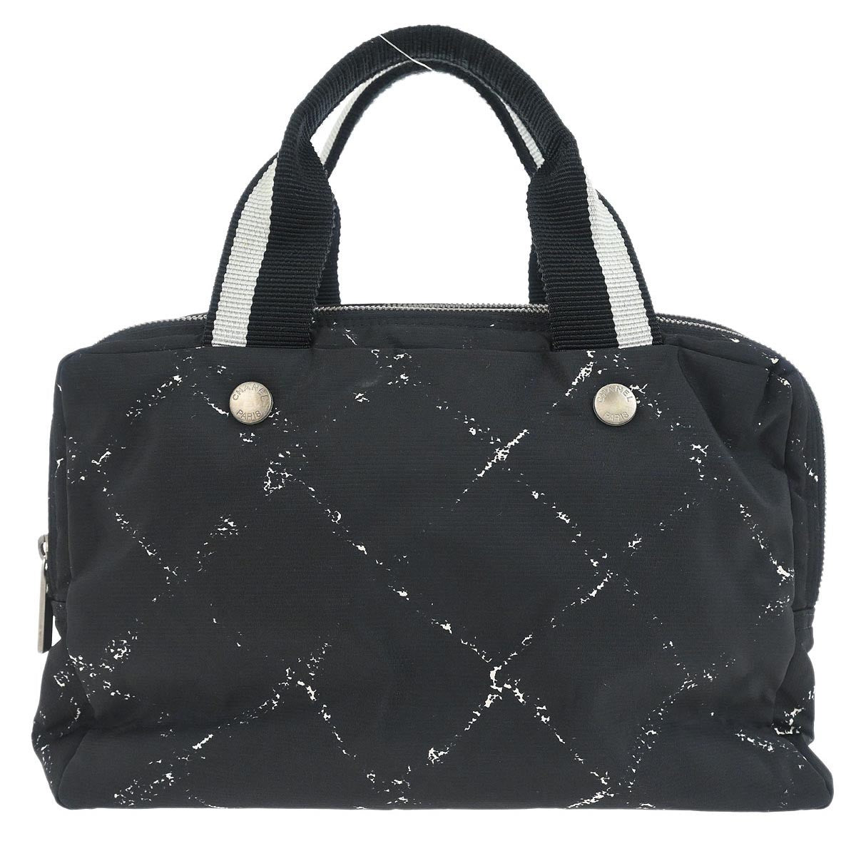 Chanel Travel Line Boston Bag Printed Nylon Black Nylon Handbag (Pre-Owned)