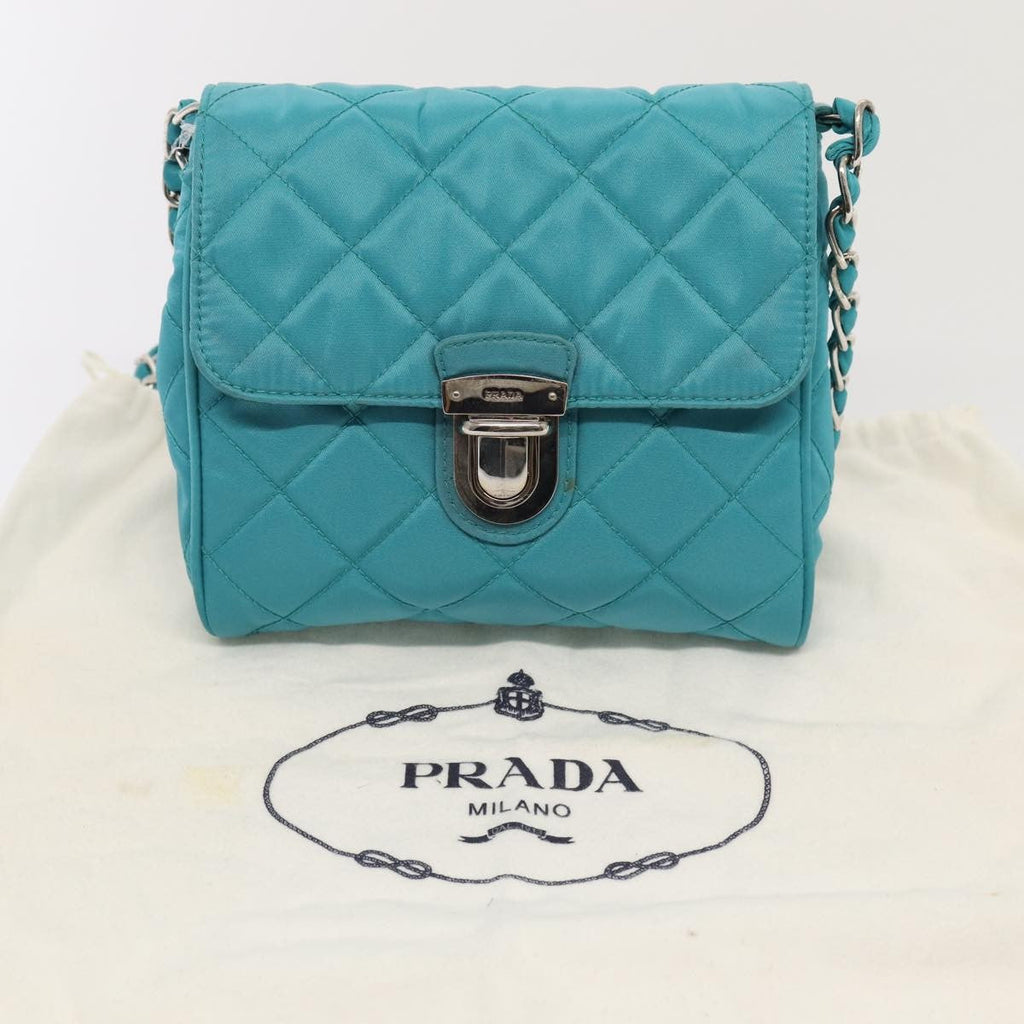 Prada Pushlock Chain Flap Bag Quilted Tessuto Turquoise Nylon Shoulder Bag Bag (Pre-Owned)