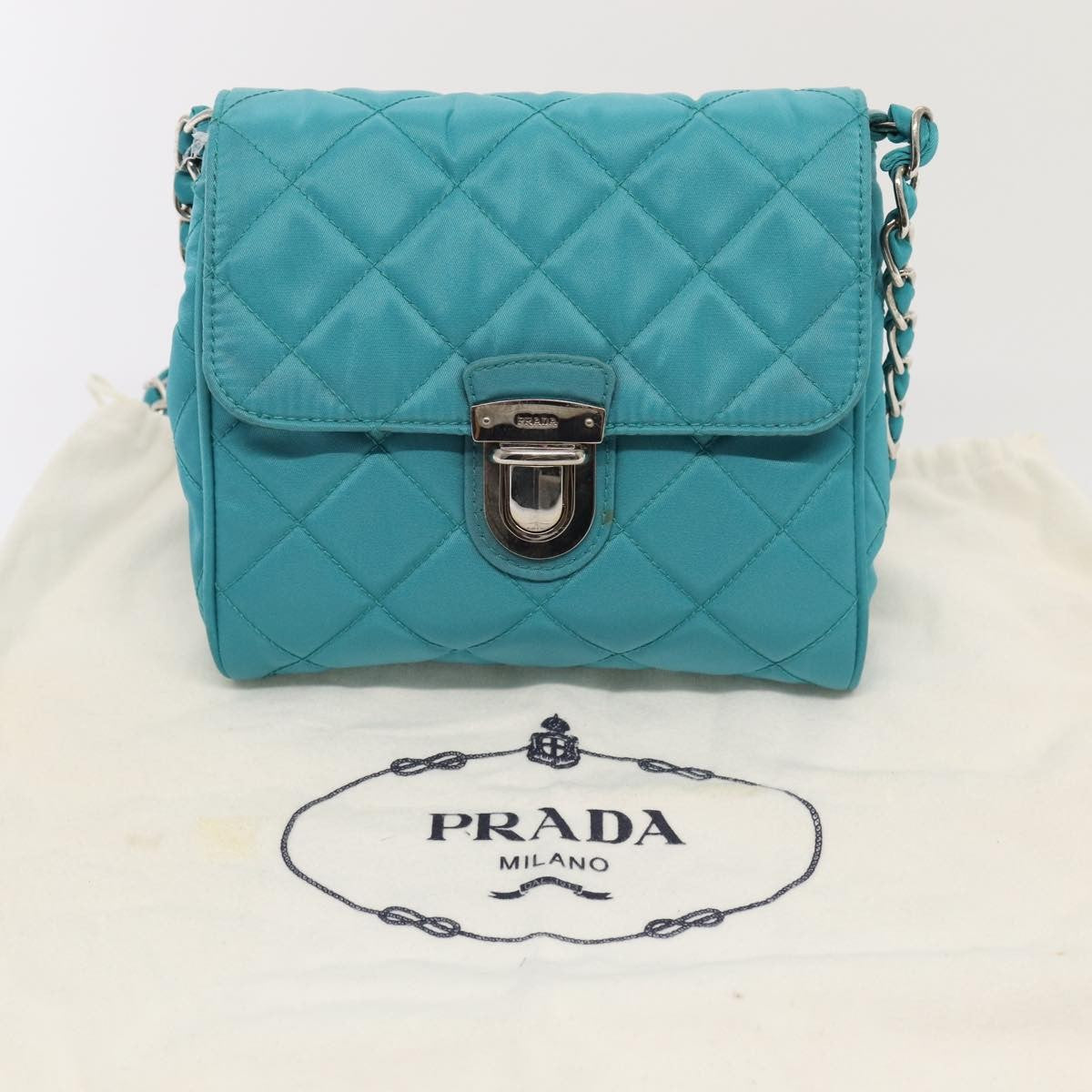 Prada Pushlock Chain Flap Bag Quilted Tessuto Turquoise Nylon Shoulder Bag Bag (Pre-Owned)