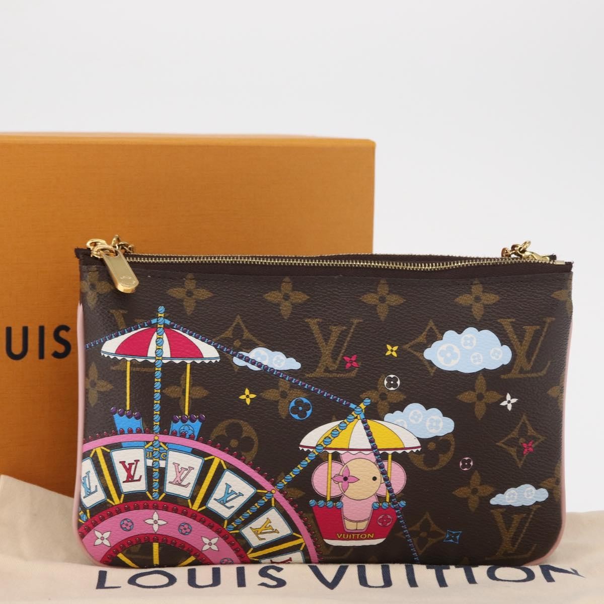 Louis Vuitton Double Zip Pochette Limited Edition Vivienne Xmas Monogram Canvas Brown Canvas Clutche & Pouche Bag (Pre-Owned)
