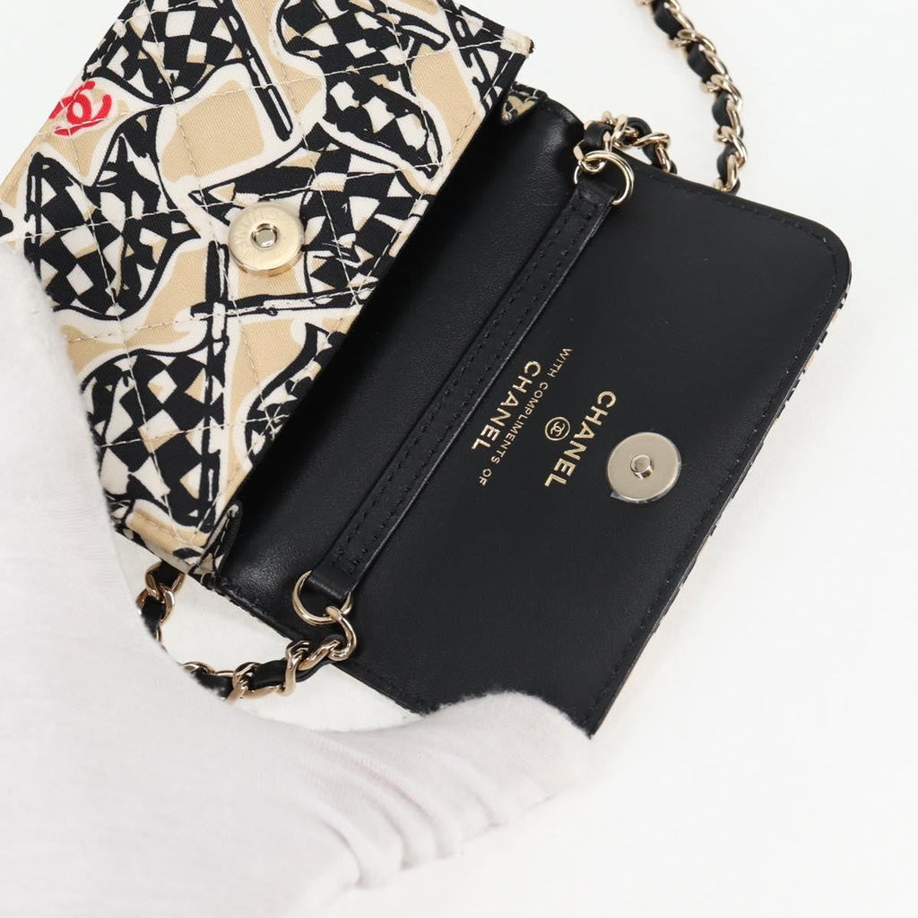 Chanel Flap Card Holder On Chain Quilted Printed Canvas Beige Nylon Shoulder Bag Bag (Pre-Owned)