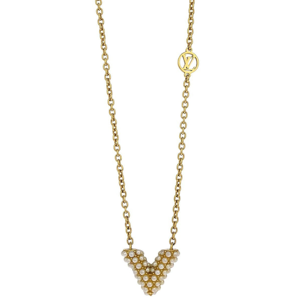 Louis Vuitton Essential V Perle Necklace Metal With Faux Pearls Gold Gold_Plated Necklace Jewelry (Pre-Owned)