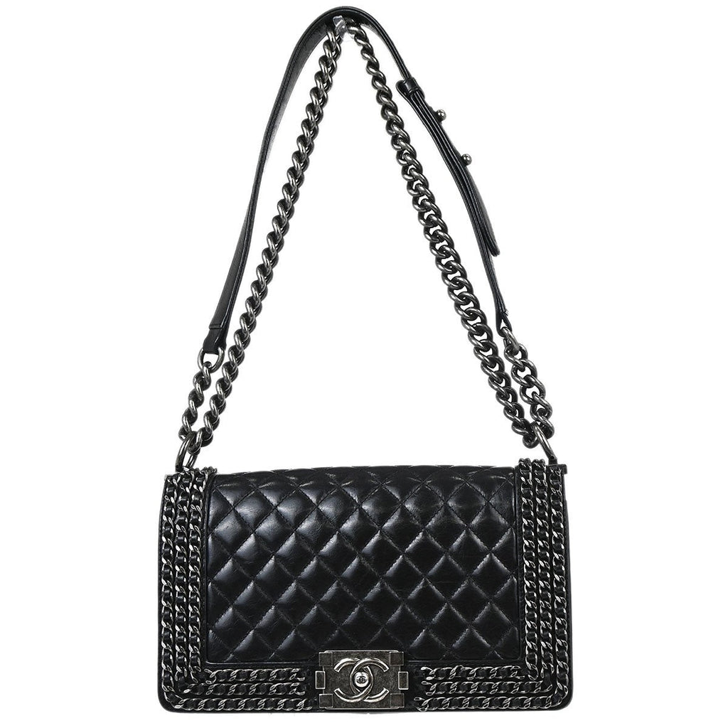Chanel Boy Flap Bag Quilted Glazed Calfskin Black Leather Handbag (Pre-Owned)