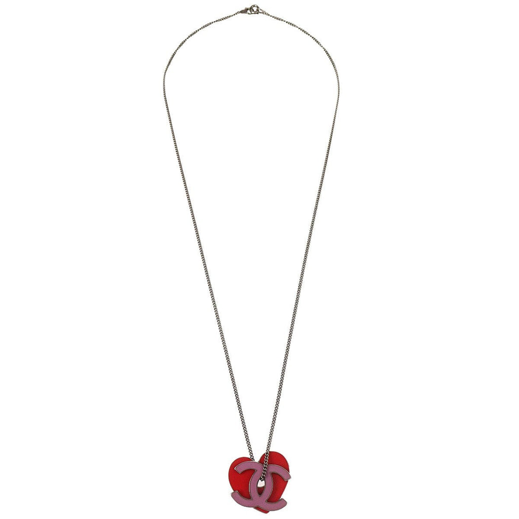 Chanel Cc Heart Pendant Metal Red Silver_Plated Necklace Jewelry (Pre-Owned)