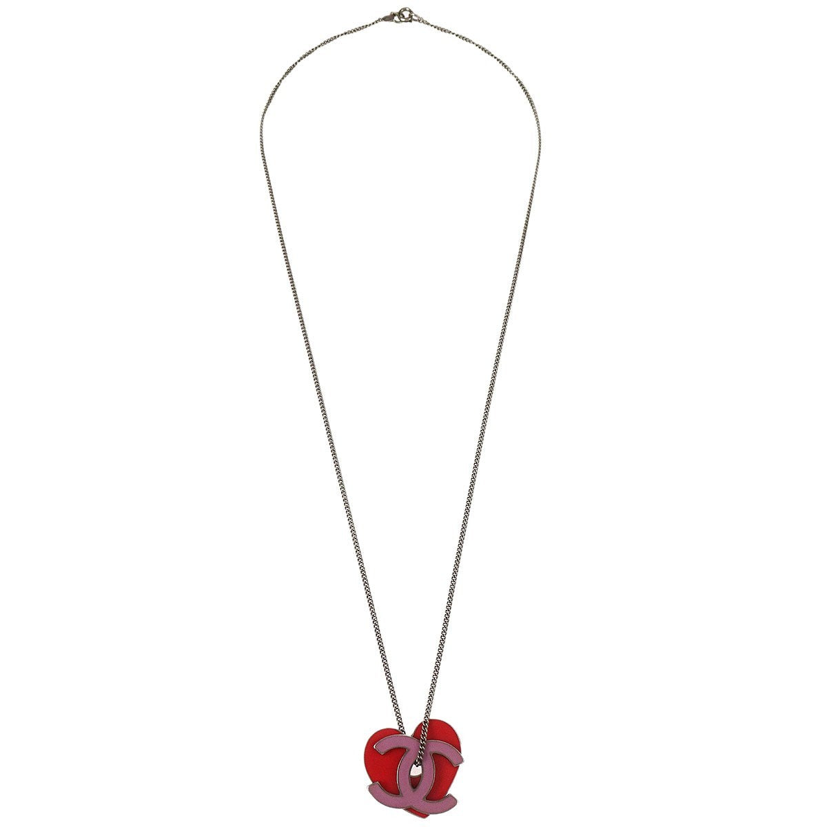 Chanel Cc Heart Pendant Metal Red Silver_Plated Necklace Jewelry (Pre-Owned)