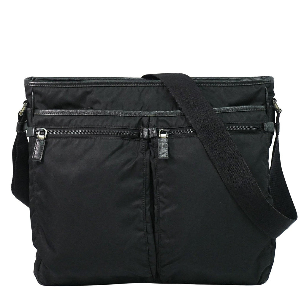 Prada Double Pocket Zip Messenger Tessuto Black Nylon Shoulder Bag Bag (Pre-Owned)