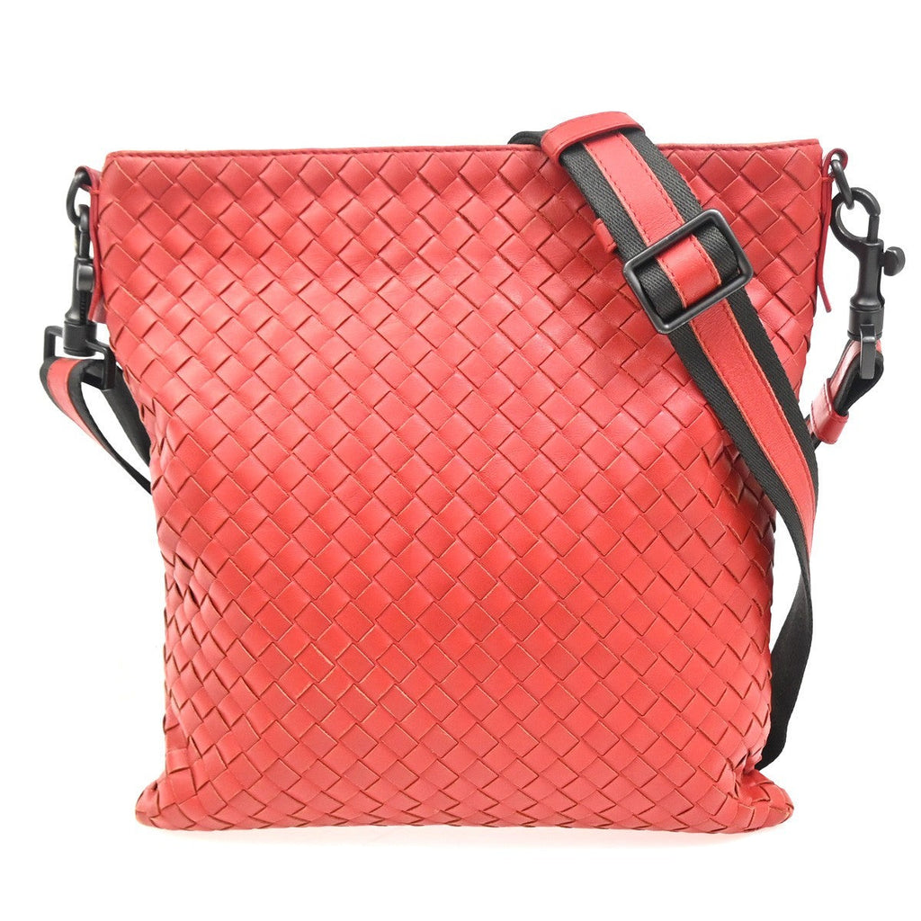 Bottega Veneta Flat Messenger Bag Intrecciato Nappa Red Leather Shoulder Bag Bag (Pre-Owned)