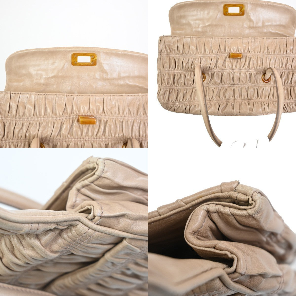 Prada Turnlock Shoulder Bag Nappa Gaufre Beige Leather Shoulder Bag Bag (Pre-Owned)