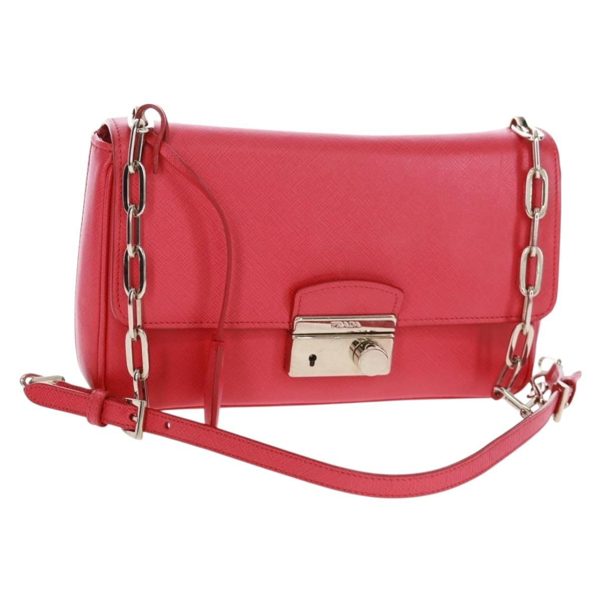 Prada Sound Chain Shoulder Bag Saffiano Leather Red Leather Shoulder Bag Bag (Pre-Owned)