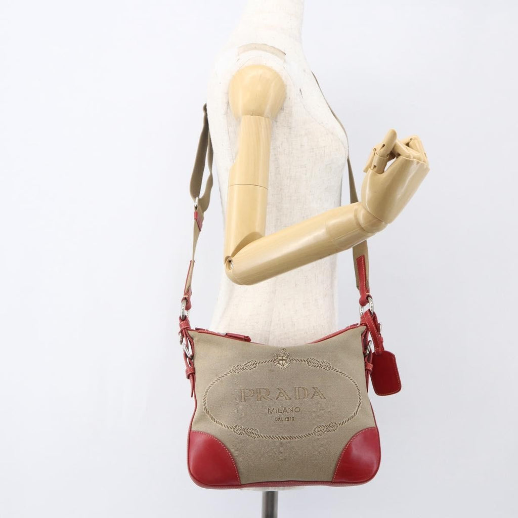 Prada Logo Zip Crossbody Bag Canvas Beige Canvas Shoulder Bag Bag (Pre-Owned)