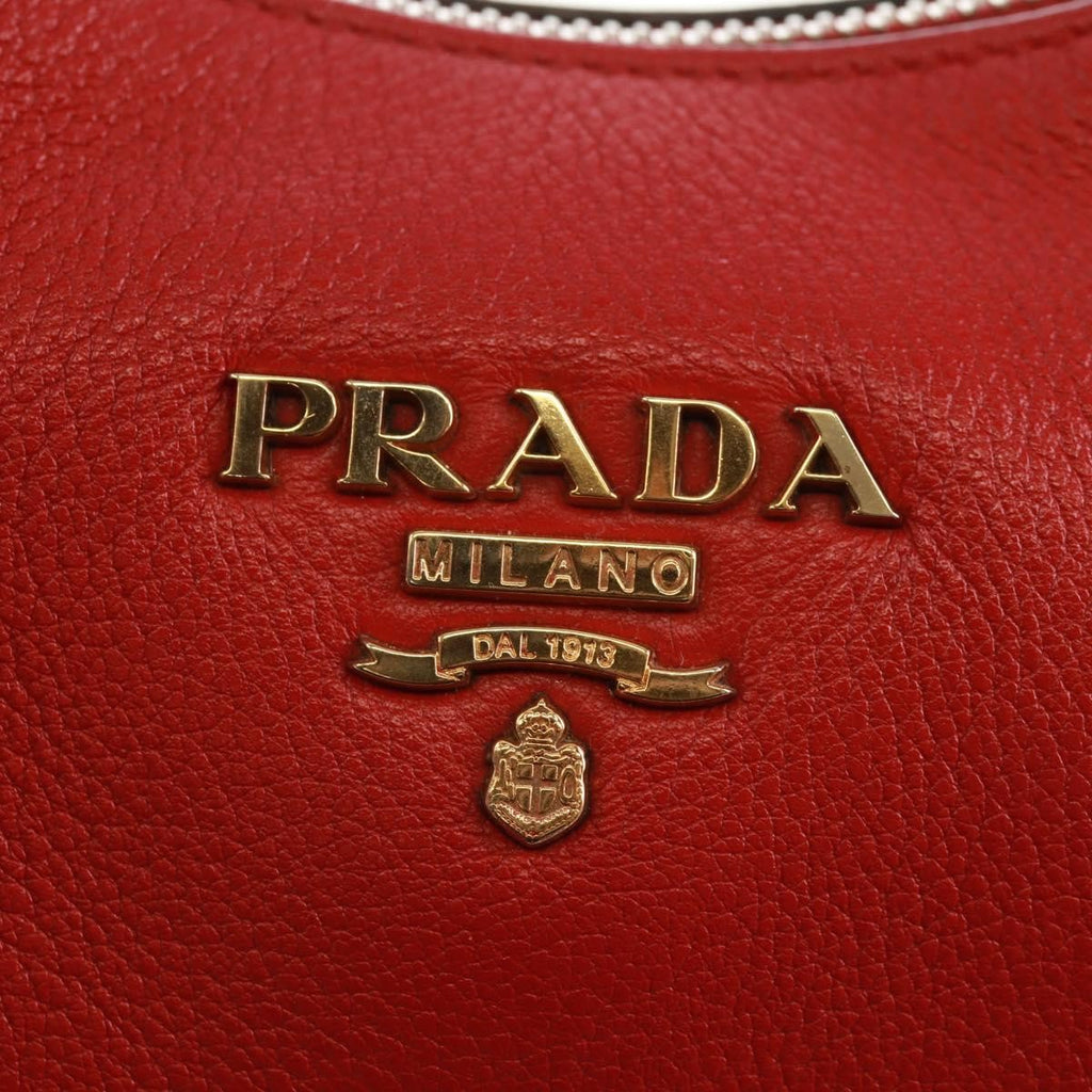 Prada Striped Strap Zip Hobo Vitello Daino Red Leather Shoulder Bag Bag (Pre-Owned)