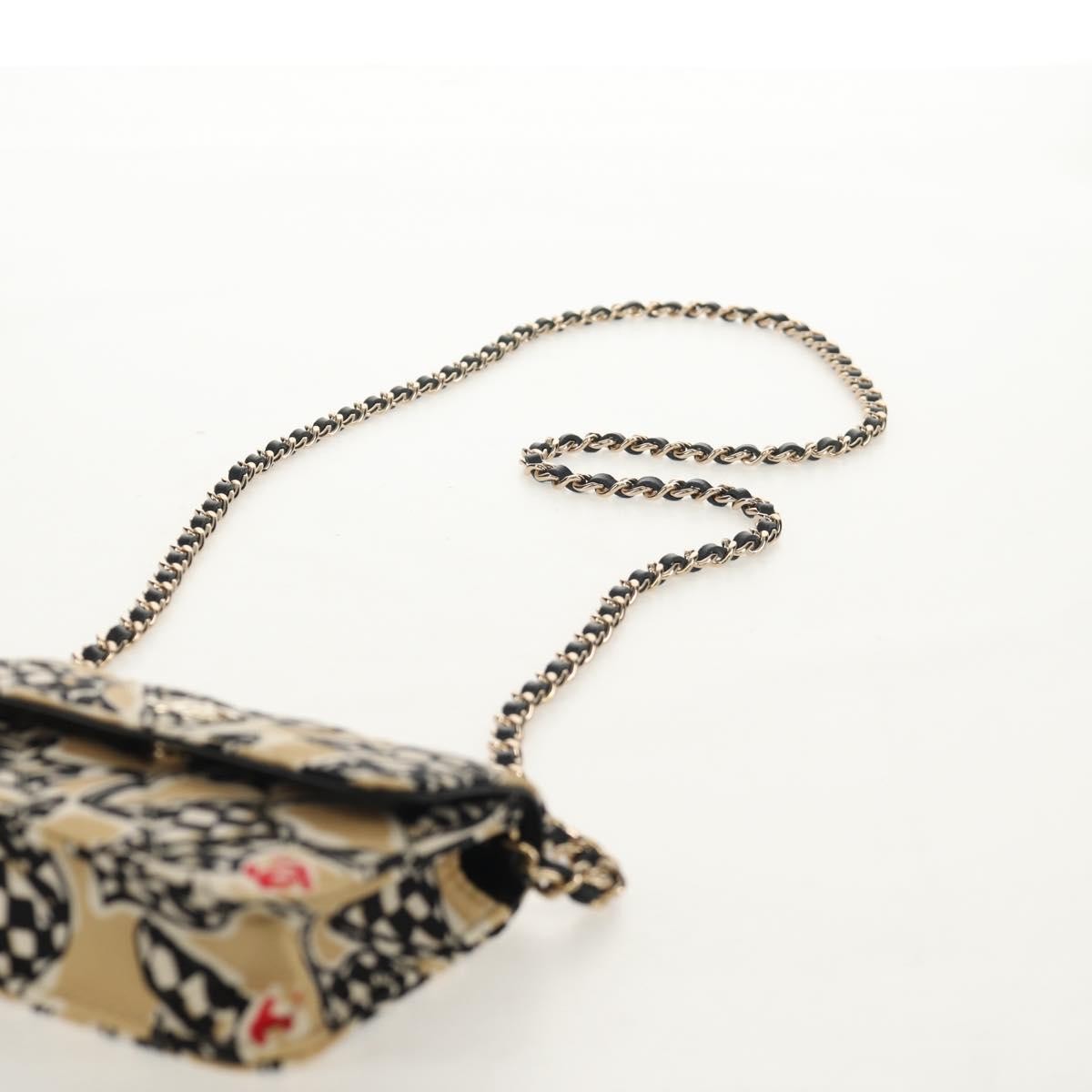 Chanel Flap Card Holder On Chain Quilted Printed Canvas Beige Satin Clutche & Pouche Bag (Pre-Owned)