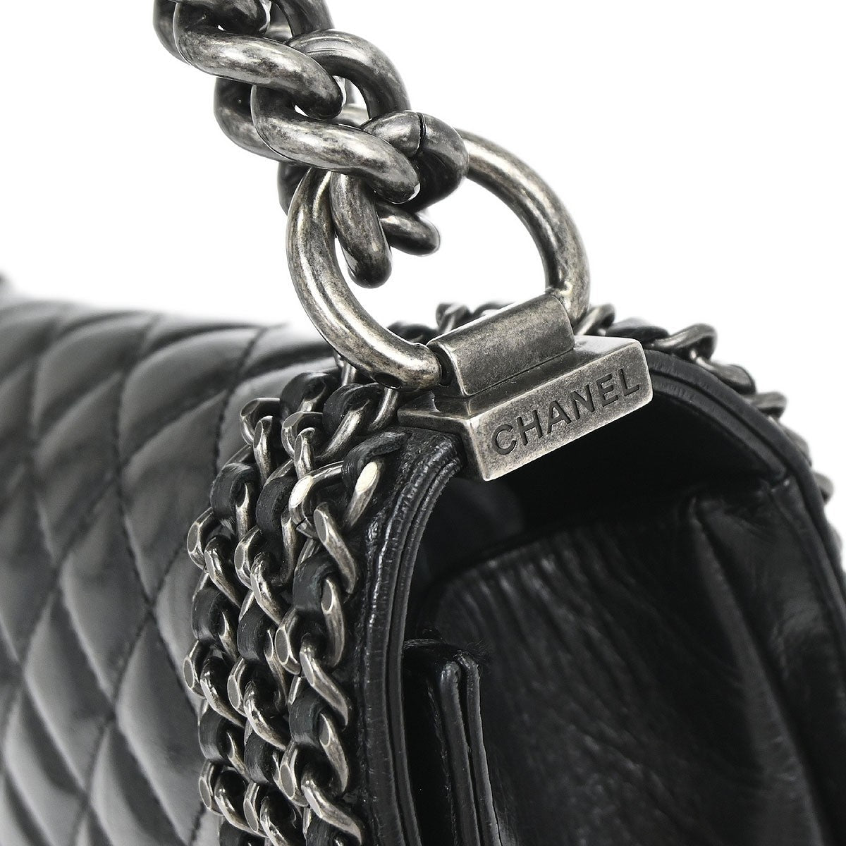 Chanel Boy Flap Bag Quilted Glazed Calfskin Black Leather Handbag (Pre-Owned)