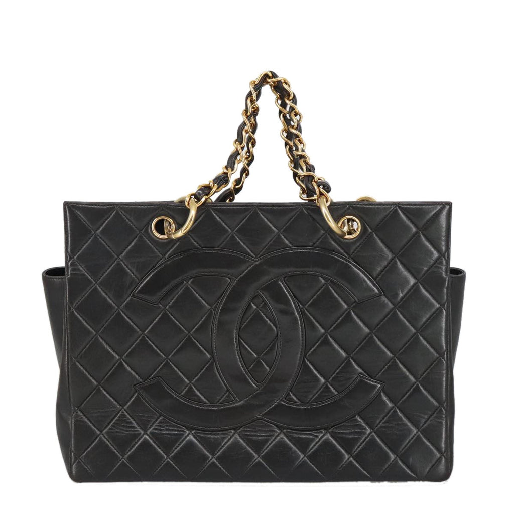 Chanel Vintage Grand Shopping Tote Quilted Lambskin Black Leather Tote Bag Bag (Pre-Owned)