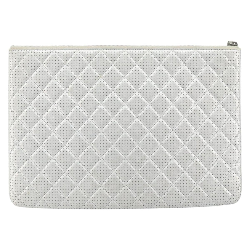 Chanel O Case Clutch Quilted Perforated Lambskin Silver Leather Clutche & Pouche Bag (Pre-Owned)