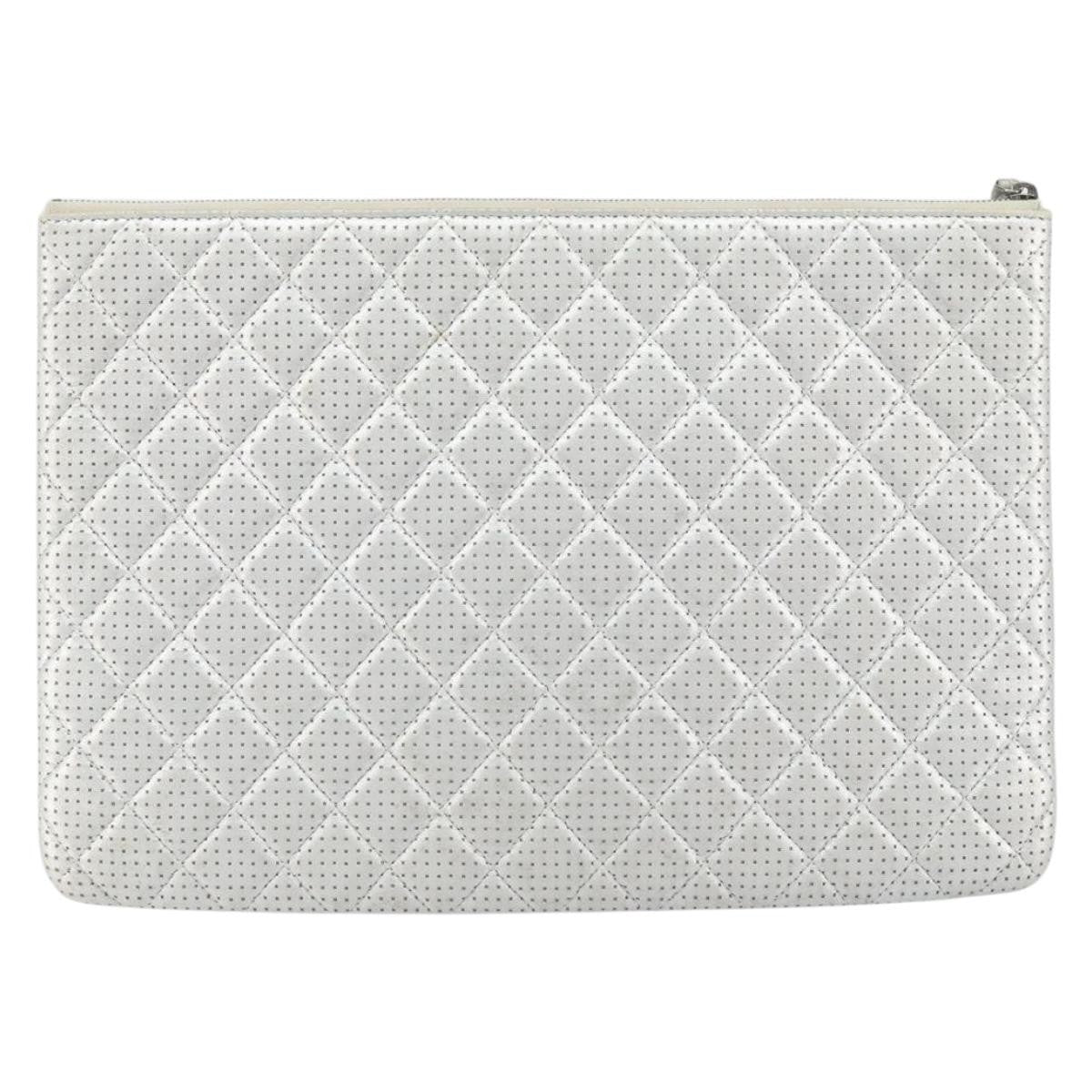 Chanel O Case Clutch Quilted Perforated Lambskin Silver Leather Clutche & Pouche Bag (Pre-Owned)