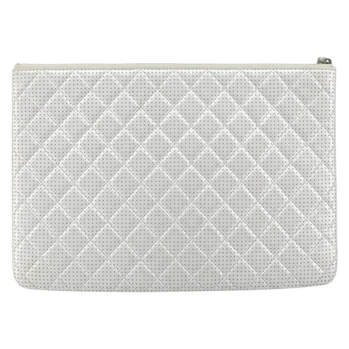 Chanel O Case Clutch Quilted Perforated Lambskin Silver Leather Clutche & Pouche Bag (Pre-Owned)