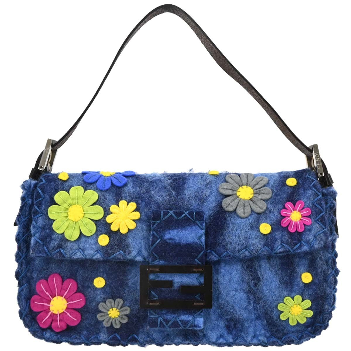 Fendi Baguette Bag Patent Blue Felt,Leather Handbag (Pre-Owned)