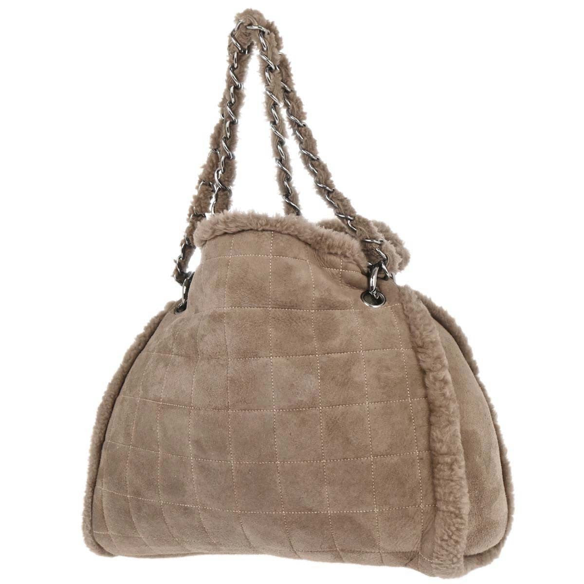 Chanel Vintage Embroidered Cc Chain Tote Quilted Suede And Shearling Brown Suede Tote Bag Bag (Pre-Owned)
