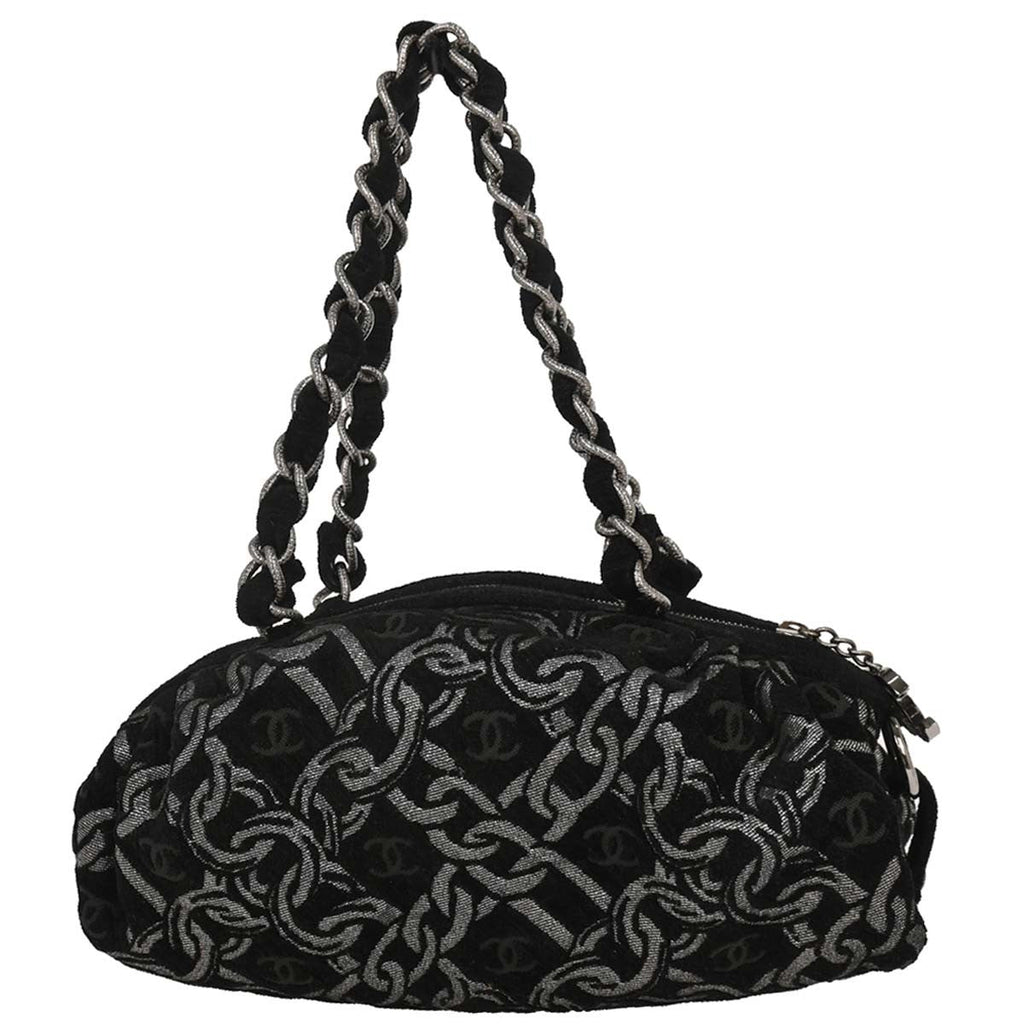 Chanel Vintage Zip Bowler Bag Printed Jacquard Black Cotton Shoulder Bag Bag (Pre-Owned)