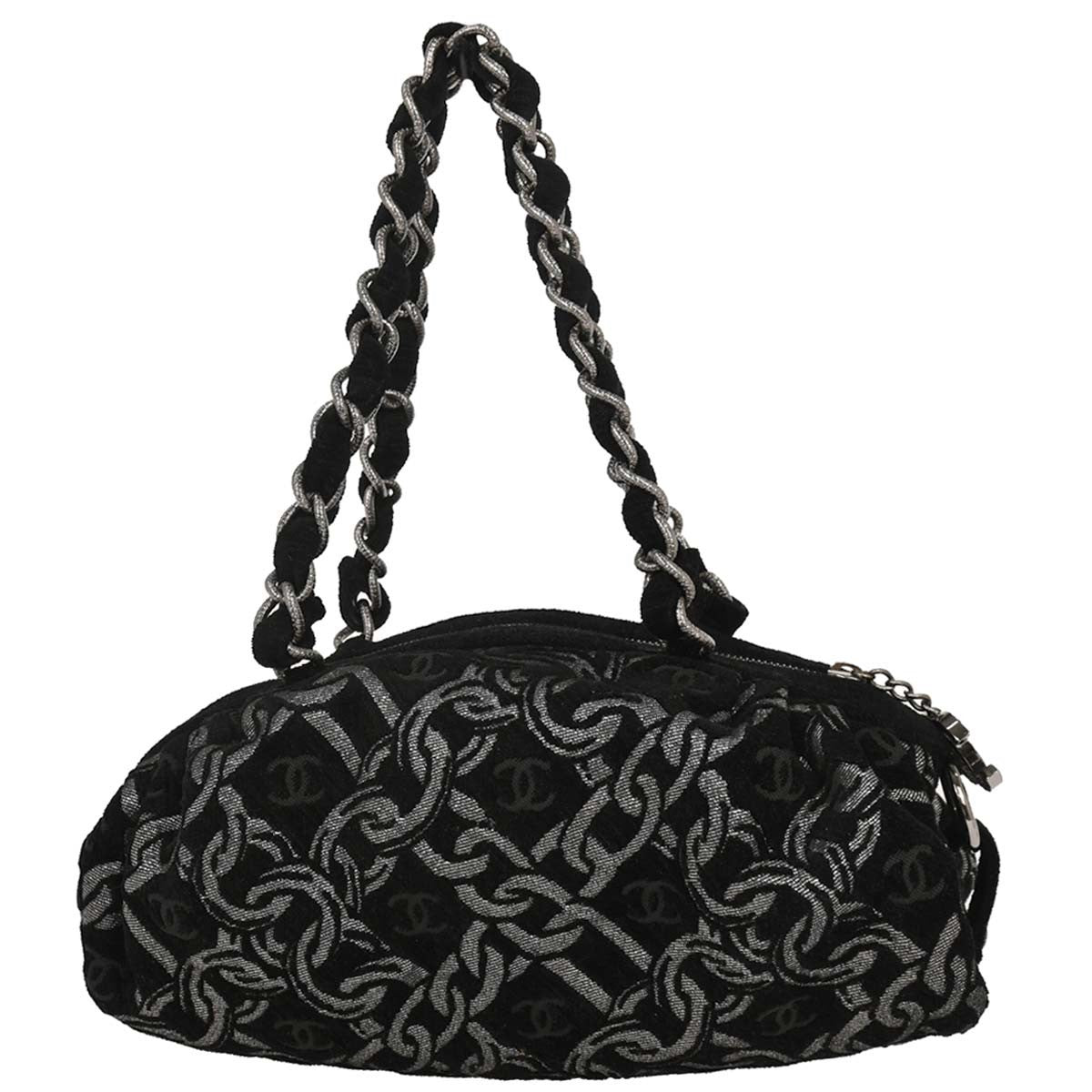 Chanel Vintage Zip Bowler Bag Printed Jacquard Black Cotton Shoulder Bag Bag (Pre-Owned)