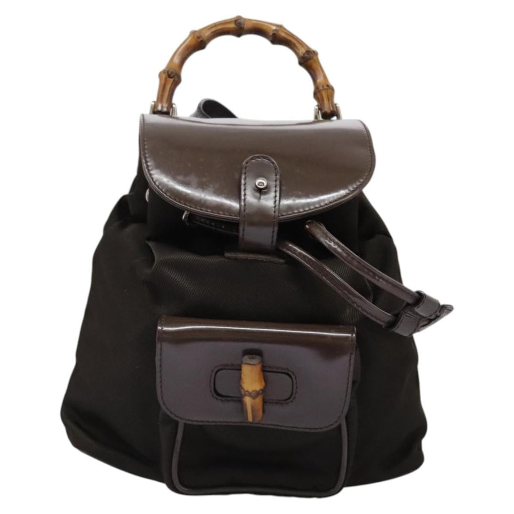 Gucci Vintage Bamboo Backpack Nylon And Patent Leather Brown Nylon Backpack Bag (Pre-Owned)
