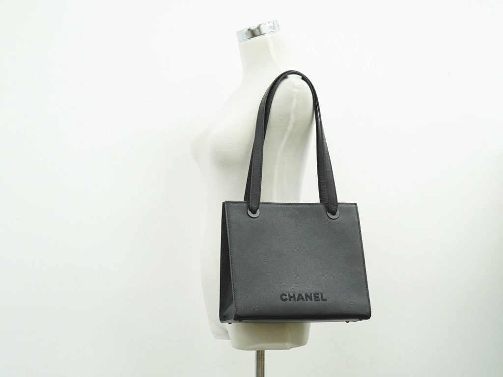 Chanel Vintage Logo Tote Leather Black Leather Tote Bag Bag (Pre-Owned)