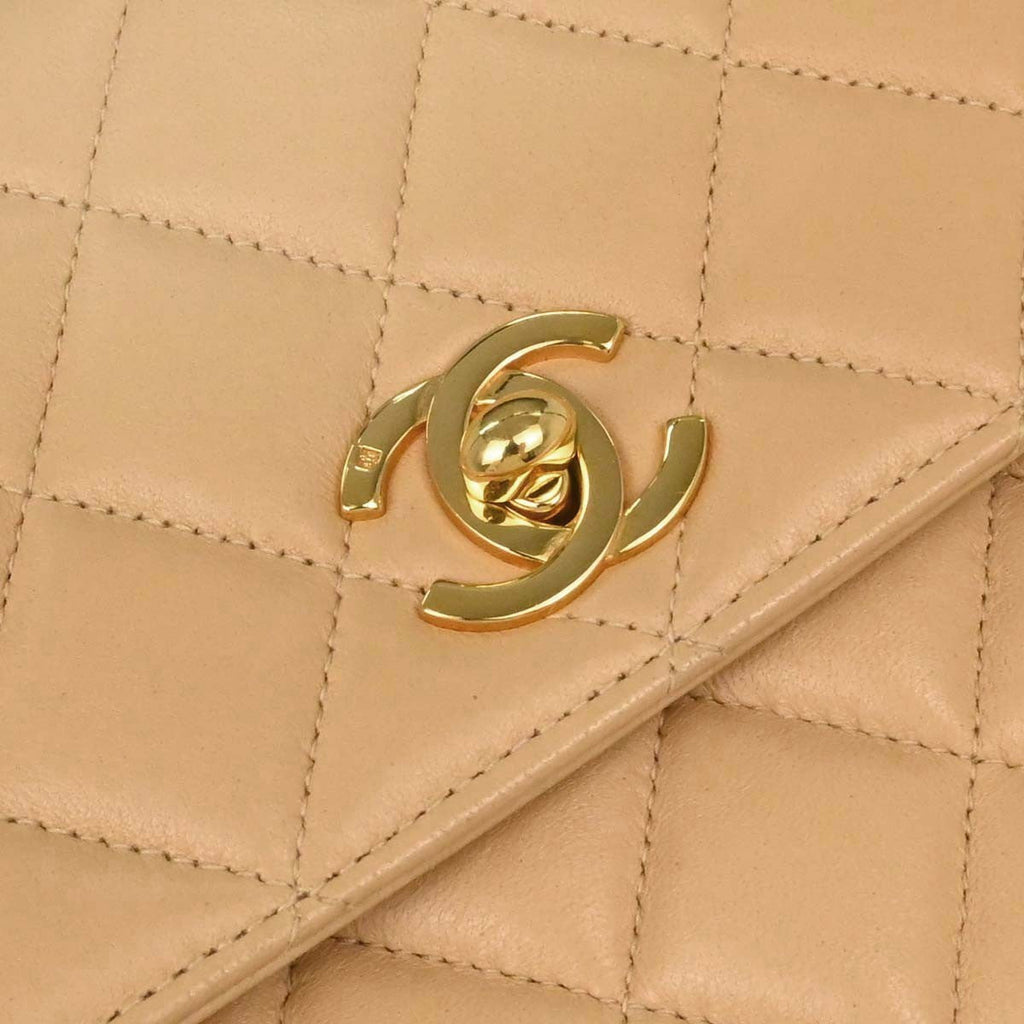 Chanel Vintage Top Handle Flap Bag Quilted Lambskin Beige Leather Handbag (Pre-Owned)