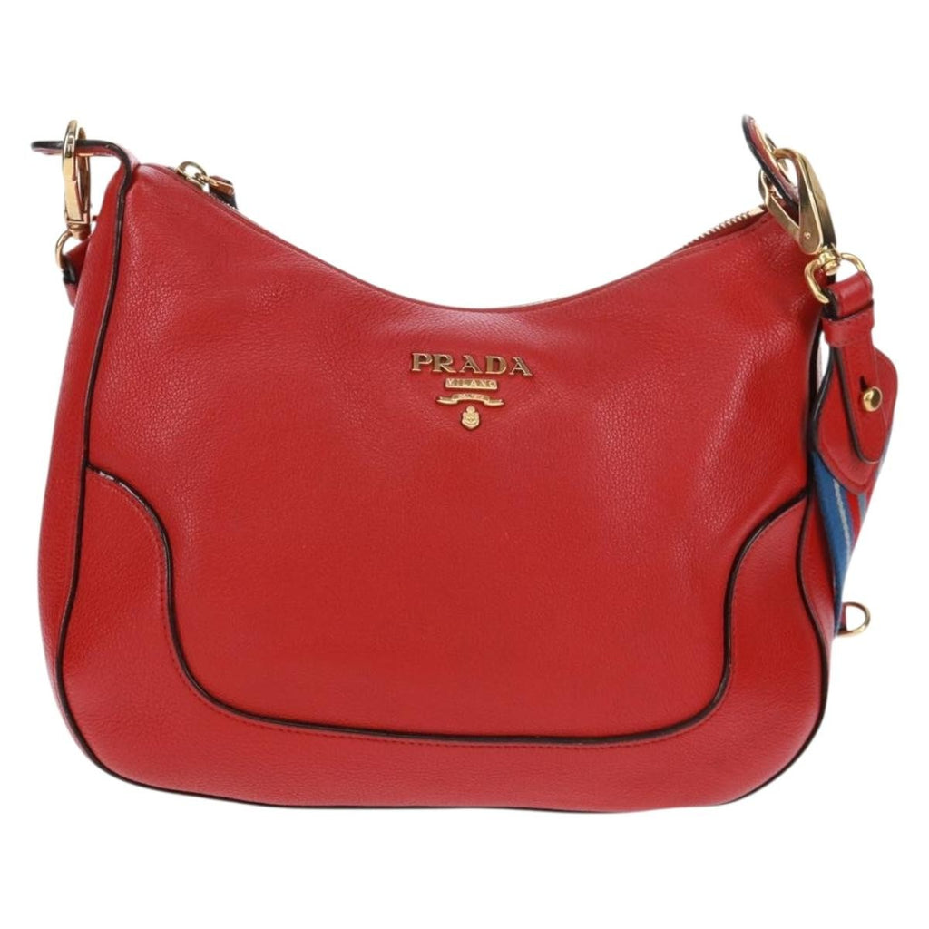 Prada Striped Strap Zip Hobo Vitello Daino Red Leather Shoulder Bag Bag (Pre-Owned)