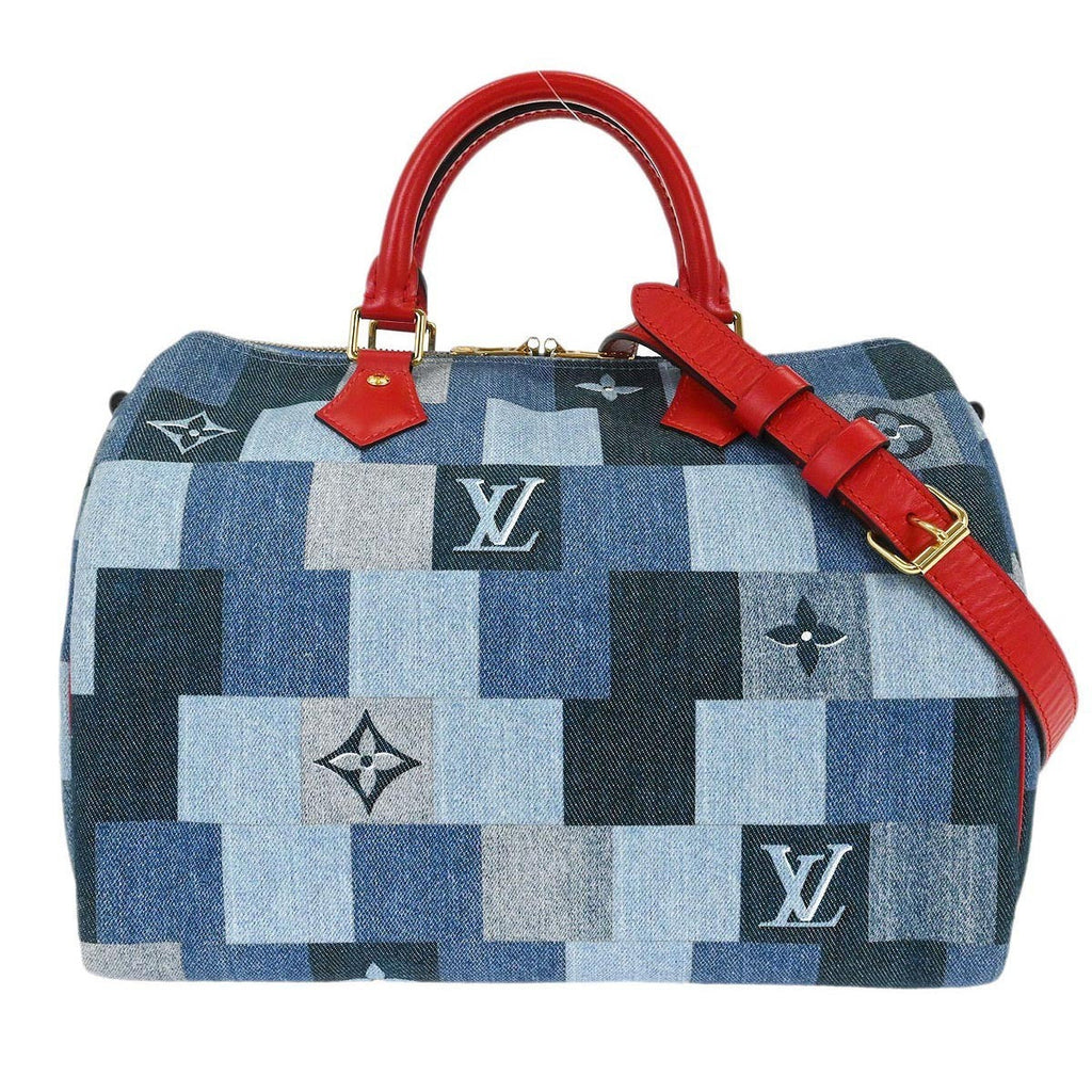 Louis Vuitton Speedy Bandouliere Bag Damier And Monogram Patchwork Denim Blue Denim_Jeans Handbag (Pre-Owned)